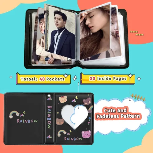 Vista 2 de Kpop - Portatarjetas para tarjetas fotográficas de 3 pulgadas, color negro, mini álbum con bonito colgante, 40 bolsillos, 20 páginas