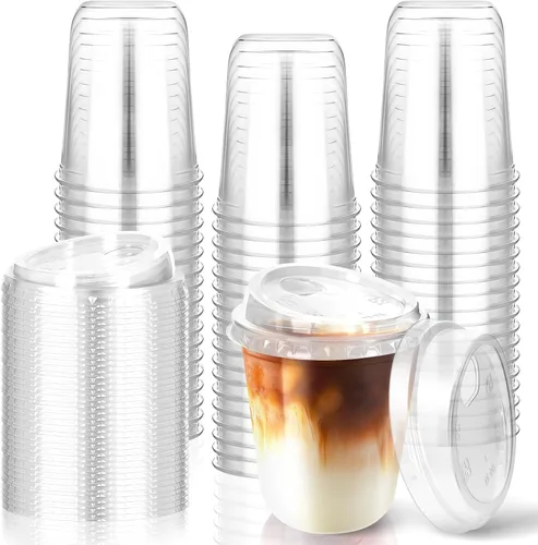Vista 9 de 50 piezas de vasos de plástico para café con tapas con asa, vasos desechables de plástico PET transparente con tapas sin pajita para café helado