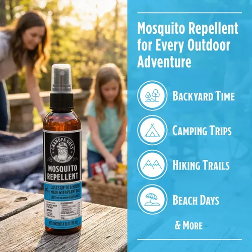 Vista 4 de Grandpa Gus's Spray repelente de mosquitos natural – Repelente de insectos a base de plantas sin DEET para niños y familia, hasta 6 horas, espray