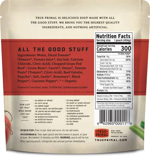 Vista 2 de True Primal Sopa orgánica de carne de res y verduras, lista para comer, sin gluten, paleo, carne de res alimentada con pasto, Whole30, Keto
