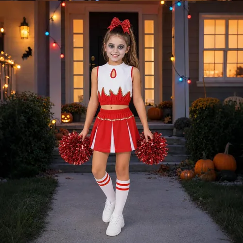 Vista 6 de lontakids Traje de animadora para niñas, 5 piezas, diseño de llama Rojo
