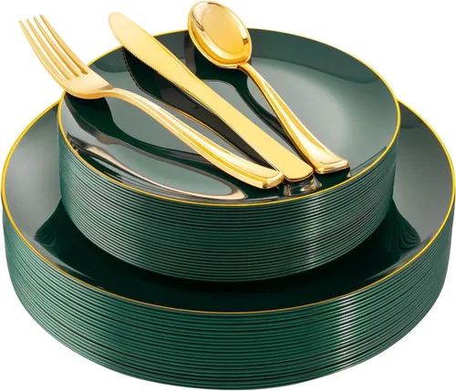 Vista 19 de YOUBET 125 piezas de platos de plástico negros y dorados - Platos desechables negros con borde dorado - Incluye 25 platos de cena, 25 platos