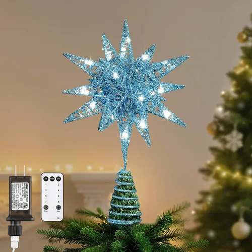 Vista 18 de Lewondr Decoración para árbol de Navidad, decoración de árbol de Navidad con forma de estrella en 3D con diseño de explosión de estrellas, control