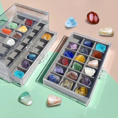 Vista 6 de Estuche de exhibición de rocas, caja de colección de rocas para niños y adultos Estante de exhibición de cristales, organizador y estuche