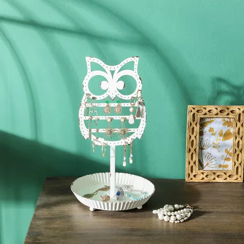Vista 3 de NIKKY HOME Soporte organizador colgante de metal para joyas, árbol de mesa, búho, soporte de torre con bandeja para anillos para niñas