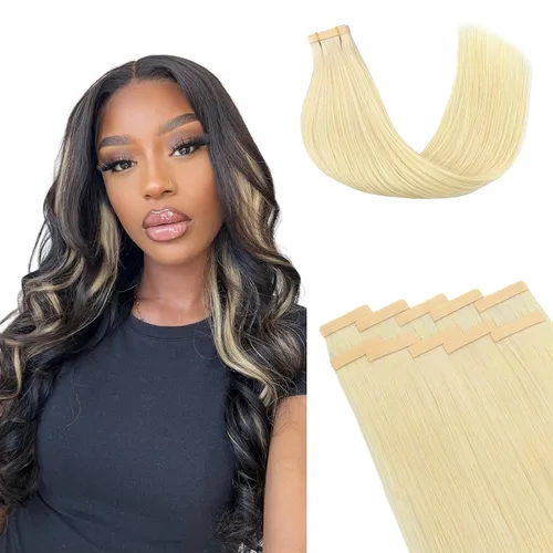 Vista 24 de Extensiones de cabello Lashey de 14 pulgadas; extensiones de cabello humano real lacio color negro azabache con trama adhesiva para mujeres, 20