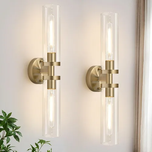 Vista 26 de Indoi Apliques de pared de níquel cepillado, apliques de baño cableados con vidrio transparente, modernos accesorios de tocador de baño para espejo