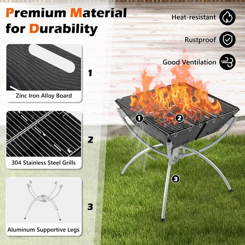 Vista 5 de HAPPYGRILL Fogata plegable 3 en 1 con parrilla para exterior, plegable para quemar leña, fogata para barbacoa, hoguera, cocina al aire libre