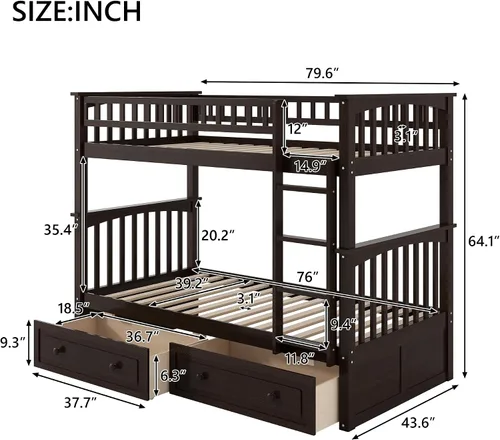 Vista 2 de Harper & Bright Designs Litera individual sobre individual con 2 cajones de almacenamiento, camas convertibles, base de cama de madera maciza