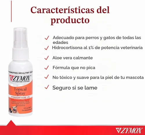 Vista 3 de Zymox Spray tópico para puntos calientes para perros y gatos con 1% de hidrocortisona, 2 onzas