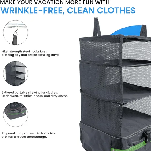 Vista 8 de Grand Fusion Stow-N-Go Organizador de equipaje de viaje Estantes de viaje colgantes portátiles, organizador de armario de mano, cubos de embalaje