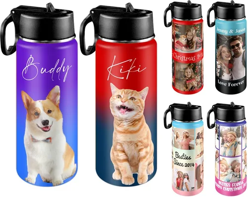 Vista 11 de Botella de agua personalizada con foto y pajita, 18 oz/32 oz, botella de agua deportiva de acero inoxidable personalizada con 1-9 imágenes, nombre