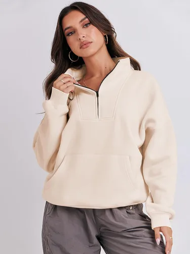 Vista 3 de ANRABESS Sudaderas con media cremallera para mujer, sudaderas cortas de gran tamaño, con cremallera de un cuarto, suéter de forro polar, suéter