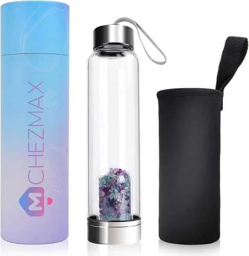 Vista 16 de ChezMax Botella de agua en cristal con centro de cristal natural intercambiable 18.6Oz, Natural Quartz Gemstone, Juice Container with Lid Sleeve