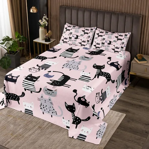 Vista 13 de Erosebridal Juego de colcha de gato rosa, tamaño individual para niñas, gris y negro, juego de ropa de cama para niños y niños, lindo juego