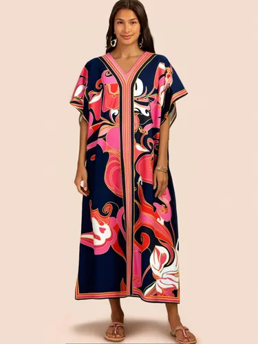 Vista 5 de Cashew Flower Silk Caftan Women Vneck beach Cover up Caftans Loose Plus Size Floral Print Side Split Kaftan Dresses