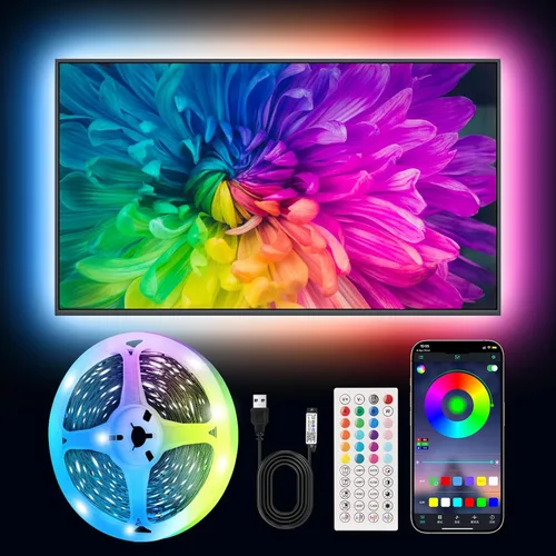 Vista 12 de Tiras de Luces LED, 50 pies RGB Inteligente con Sincronización Musical Bluetooth App y Control Remoto, Luces LED Alimentadas por USB para TV