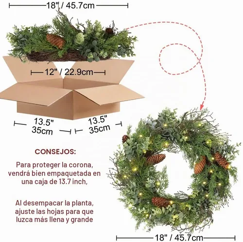 Vista 6 de Corona de Navidad preiluminada para puerta delantera, corona verde decorada con conos de pino, racimos de bayas, ramas de ajuste abundante, coronas