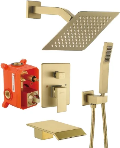 Vista 9 de JOYWELL - Grifo de ducha dorado cepillado, cabezal de ducha de 8 pulgadas Accesorios de ducha de equilibrio de presión de 2 funciones,Pulverizador
