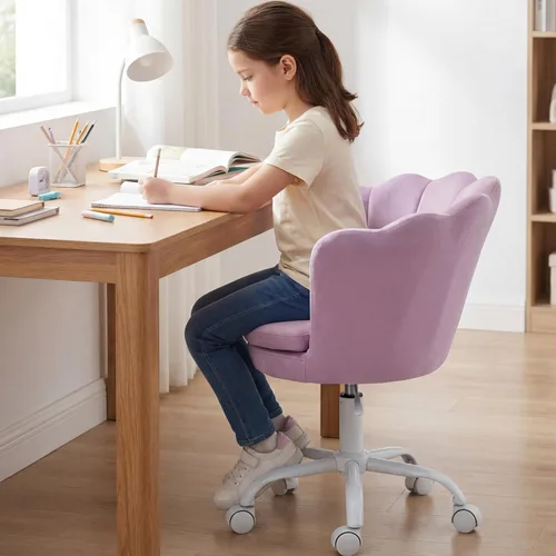 Vista 15 de Silla de escritorio de terciopelo para niños, bonita silla de computadora moderna tapizada, con brazo giratorio, silla de tocador ajustable