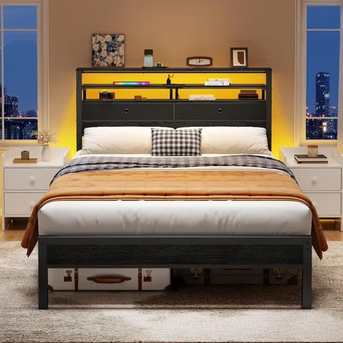 Vista 8 de Full Size Bed Frame with Headboard, 3-Tier Storage Shelves & 2 Fabric Drawers, Built-in Charging Station & RGB LED Lights, Metal Slat Support, No