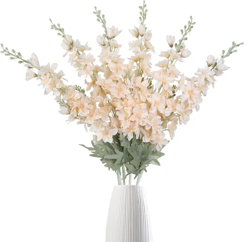 Vista 16 de IPOPU Flores Falsas Delphinium de 33.5 pulgadas, Flores Artificiales de Seda, 6 Piezas Azul Claro Larkspur Flores Artificiales de Tallo Largo