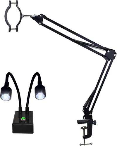 Vista 7 de Juego de luces de cuello de cisne con soporte de brazo articulado para microscopio, soporte de lente de montaje en C de doble cuello de cisne