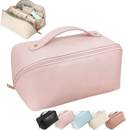 Vista 2 de Bolsa de cosméticos de viaje de gran capacidad con asa y divisor - Bolsa de maquillaje multifuncional para un fácil acceso, impermeable, Luz marrón.