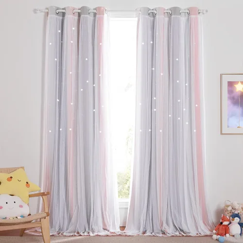 Vista 14 de NICETOWN Cortinas para Dormitorio de Niñas Infantiles con Estrellas Caladas Ventana 2 Capas Cortina 63 Pulgadas de Longitud Oscurecimiento