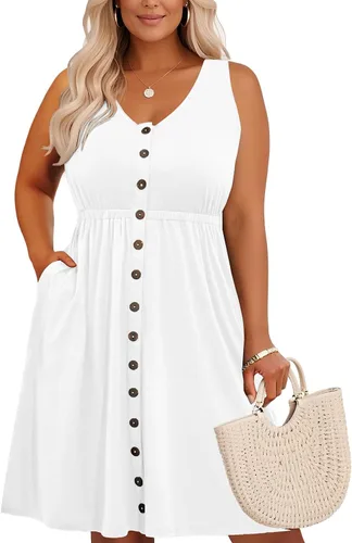 Vista 84 de Holipick Vestidos de verano para mujer, talla grande, casual, con bolsillos, acampanado, con botones, sin mangas, cuello en V