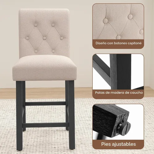 Vista 4 de LSSBOUGHT - Taburetes de barra, 24 pulgadas de altura tapizados con botones y patas de madera sólida, juego de 2 (Beige)