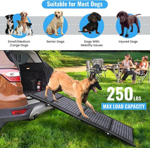 Vista 4 de Rampa plegable para perros para automóviles, rampa grande para perros de 63 x 17 pulgadas para SUV y camión, superficie antideslizante y mango