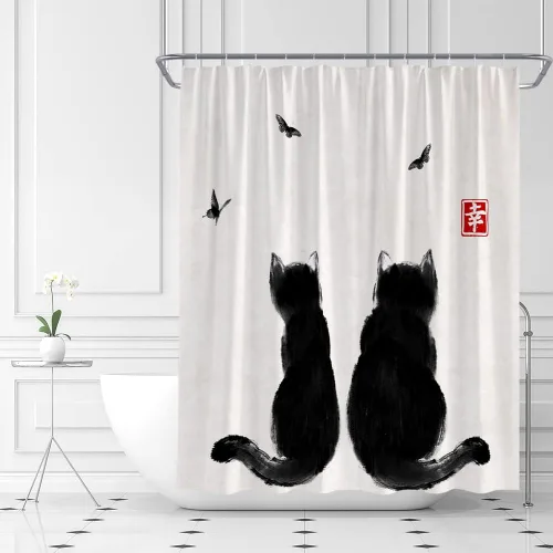 Vista 15 de Juego de 4 cortinas de ducha asiáticas japonesas para baño, gato asiático, divertido, retro, chino, tradicional, pintura de tinta, arte de mariposa