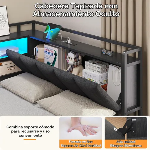 Vista 4 de Estructura de cama de esquina completa con 4 cajones, estantería y cabecero Negro