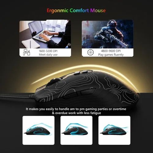 Vista 4 de Womier Ratón para juegos con cable, mouse de computadora RGB de 12800 DPI topográfico con 7 botones programables y 7 modos retroiluminados, software