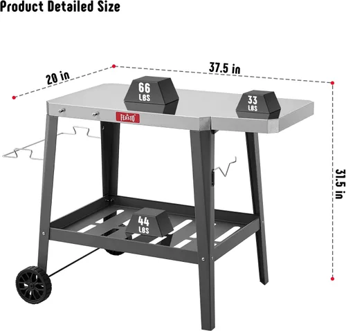 Vista 3 de Feasto Carro de Parrilla al Aire Libre, Mesa con Horno de Pizza con Ruedas, Encimera de Acero Inoxidable con Mesa Extensible Plegable, Carro