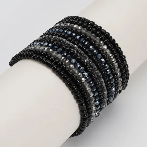 Vista 4 de Caiyao 12 pulseras apilables con cuentas de resina multicapa bohemia, pulseras elásticas de cuentas de cristal de colores, pulseras elásticas