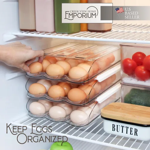 Vista 4 de Creekview Home Emporium Recipiente para huevos para refrigerador, cajón de plástico transparente apilable de 3 niveles, 4 docenas de capacidad