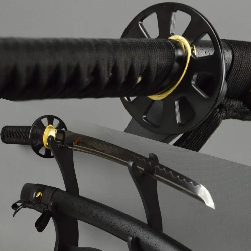Vista 14 de Espada samurái Wakizashi hecha a mano, Katana de espiga completa, espada media, cuchillos japoneses hechos a mano listos para la batalla
