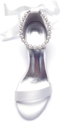 Vista 4 de Sandalias de tacón bajo para mujer, con correa de tobillo gruesa, perlas, zapatos de vestir de boda, tacón bajo, cómodas sandalias de tacón bajo