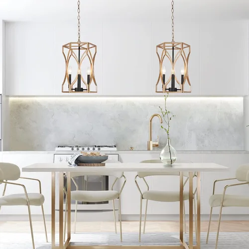 Vista 4 de Durent Lighting Lámpara de araña dorada y negra, moderna lámpara colgante de 4 luces, lámpara de granja para vestíbulo, entrada, comedor, isla