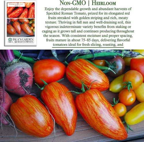Vista 3 de Semillas de tomate romano moteadas (Lycopersicon lycopersicum) – Más de 100 semillas tradicionales sin OMG de Isla's Garden Seeds, pasta a rayas