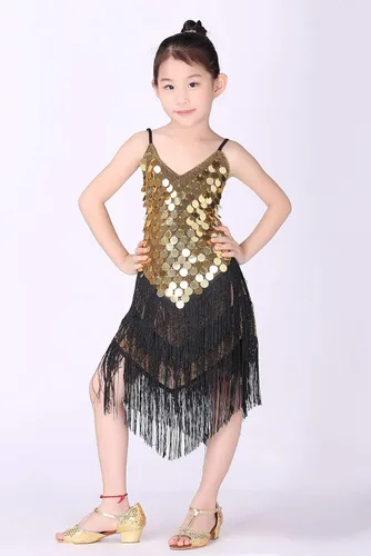Vista 3 de Happy Cherry Vestido de lentejuelas con borlas para niña, falda de baile latino, disfraz brillante para niños, ballet, tango, rumba, ropa de baile