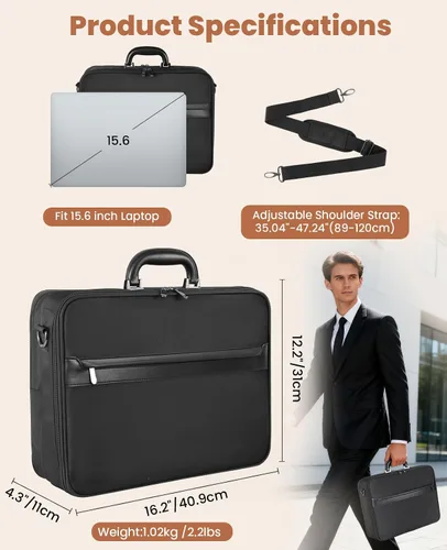 Vista 2 de Jetviivid Maletín para laptop para hombres de 15.6 a 16 pulgadas, bolsa ligera de fijación, bolsa de trabajo de negocios, funda de transporte