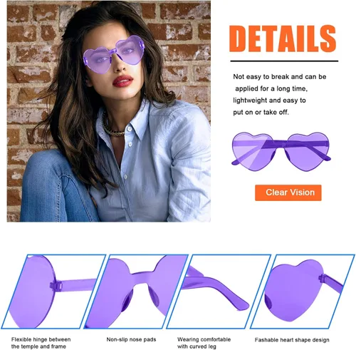 Vista 2 de AEAHALY Lentes de sol con forma de corazón blanco, verde, azul, morado, rosa, rojo, para mujer, con forma de corazón, a granel, para fiestas