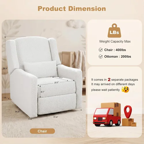 Vista 2 de Juego de 2 mecedoras eléctricas para guardería, tela de peluche agradable a la piel, silla reclinable giratoria dorada, silla de lactancia eléctrica