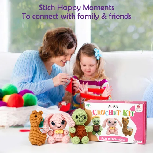 Vista 2 de Kit de ganchillo para aprender A-URA para principiantes niños y adultos, kits de ganchillo premium de 3 patrones de animales de gran