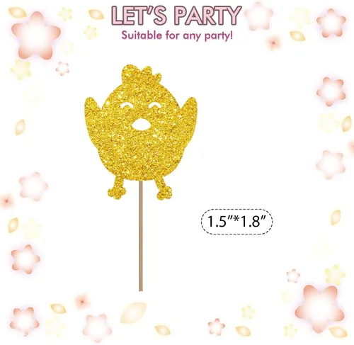 Vista 2 de Juego de 24 adornos para cupcakes de pollo para cumpleaños temáticos de granja, decoración de cupcakes con purpurina dorada, decoraciones