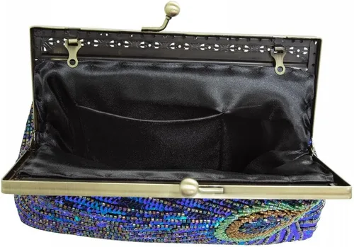 Vista 7 de Bolso de noche con cuentas de lentejuelas para mujer, estilo retro, pavo real, bolso de novia, bolso vintage brillante para fiesta, boda, cóctel