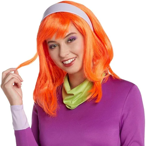 Vista 3 de Jerry Leigh Scooby-Doo Daphne Disfraz para adultos tamaño estándar un mini vestido morado una diadema y una bufanda verde